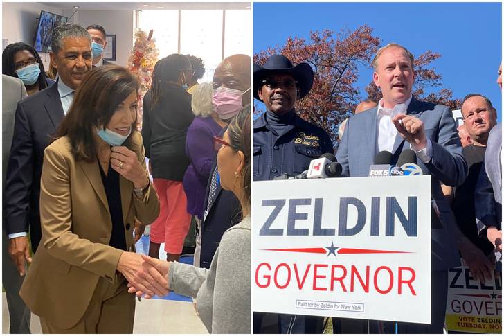 A collage photo of Kathy Hochul and Lee Zeldin on the campaign trail in NYC